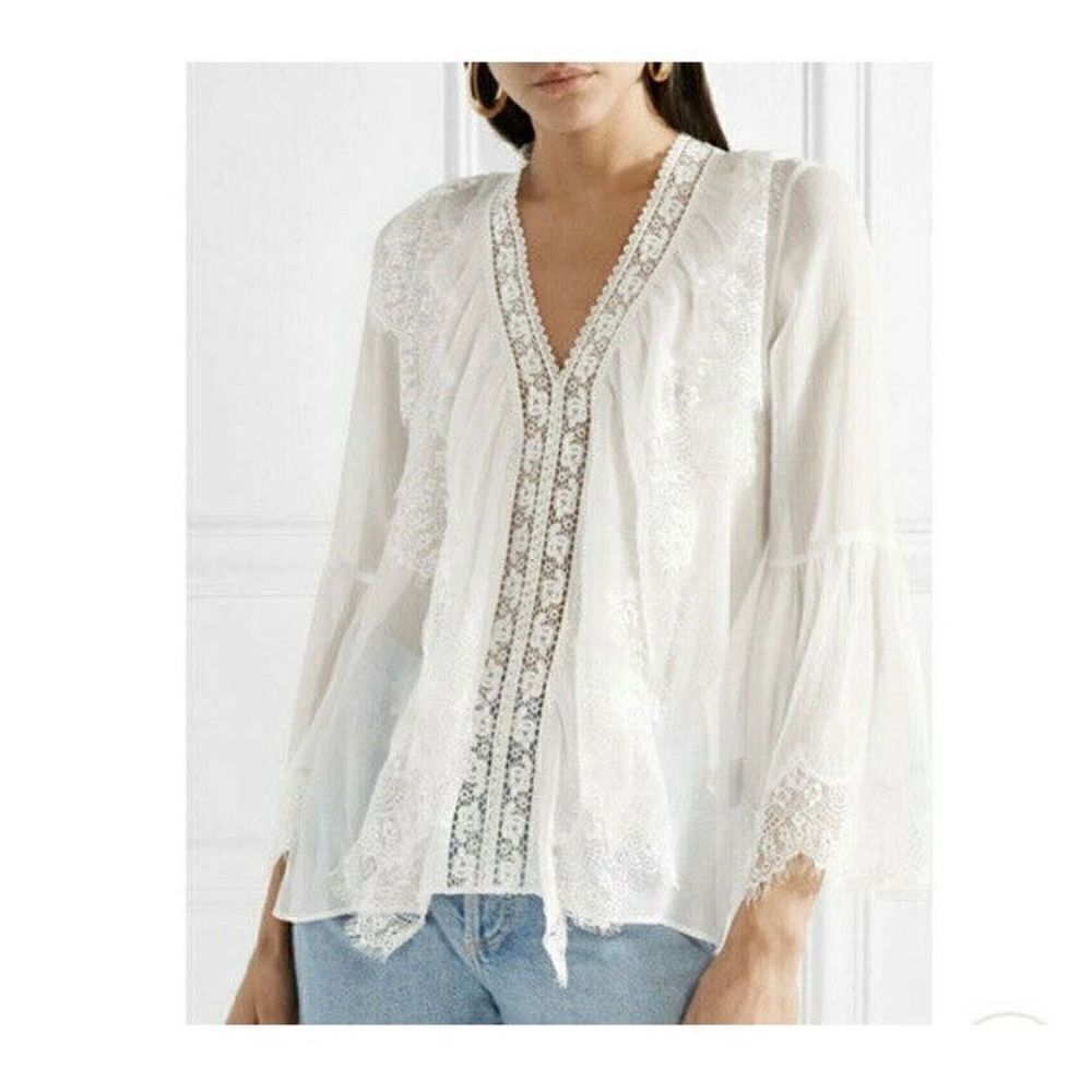 Alice + Olivia Jaden Lace-Paneled Gauze Tunic Top Sheer White Blouse Women’s XS